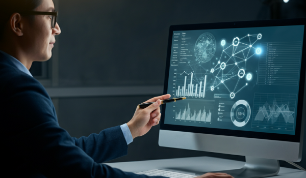 A personal lender pointing at his computer screen and looking at his metrics from custom machine learning.