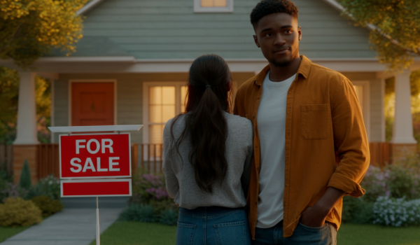 Optimistic Gen Z couple standing in front of a suburban home with a 'For Sale' sign, symbolizing affordable homeownership opportunities and first-time buyers in vibrant neighborhoods.
