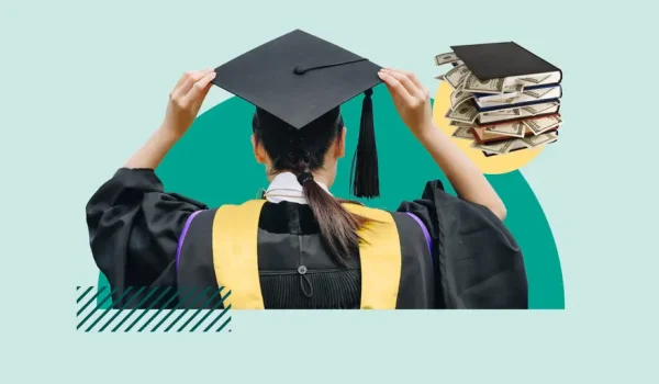 A graduate student wearing a graduation cap and gown, signifying sstudent loan repayments.